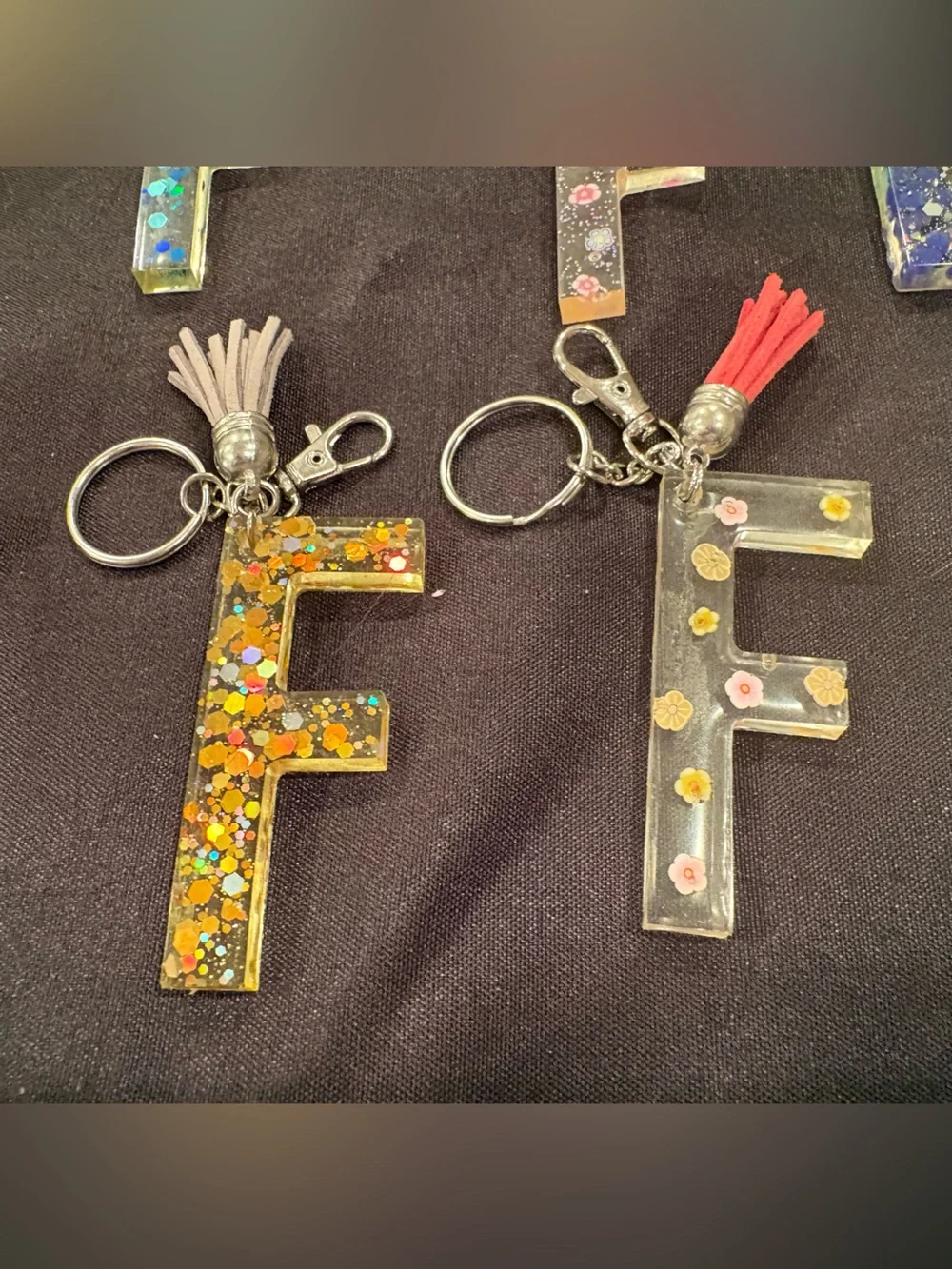 Letter F Glitter Resin Keychain with Tassel
